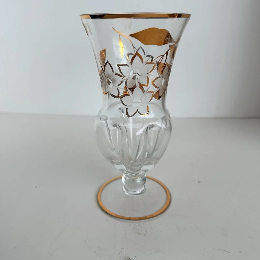 Bohemia Crystal Vase Gold Floral Etched Made‎ in Czechoslovakia Vintage READ